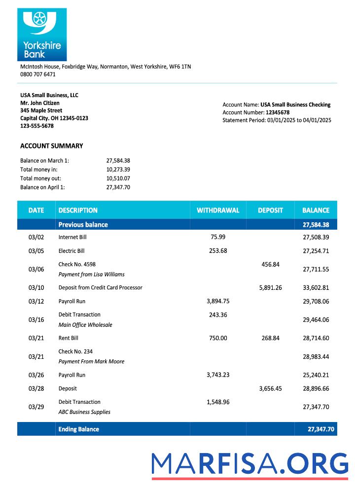 Realistic United Kingdom Yorkshire firm account statement Word and PDF template